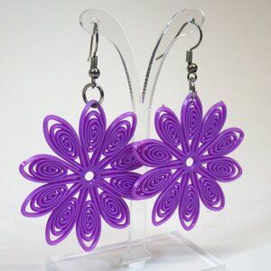 Vintage Plastic Purple Flower Earrings Flexible Groovy Lightweight Swirl Retro